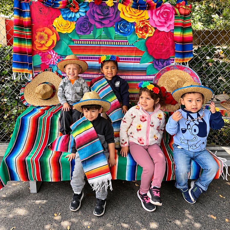 Children in sombreros and serapes at a colorful fiesta photo backdrop