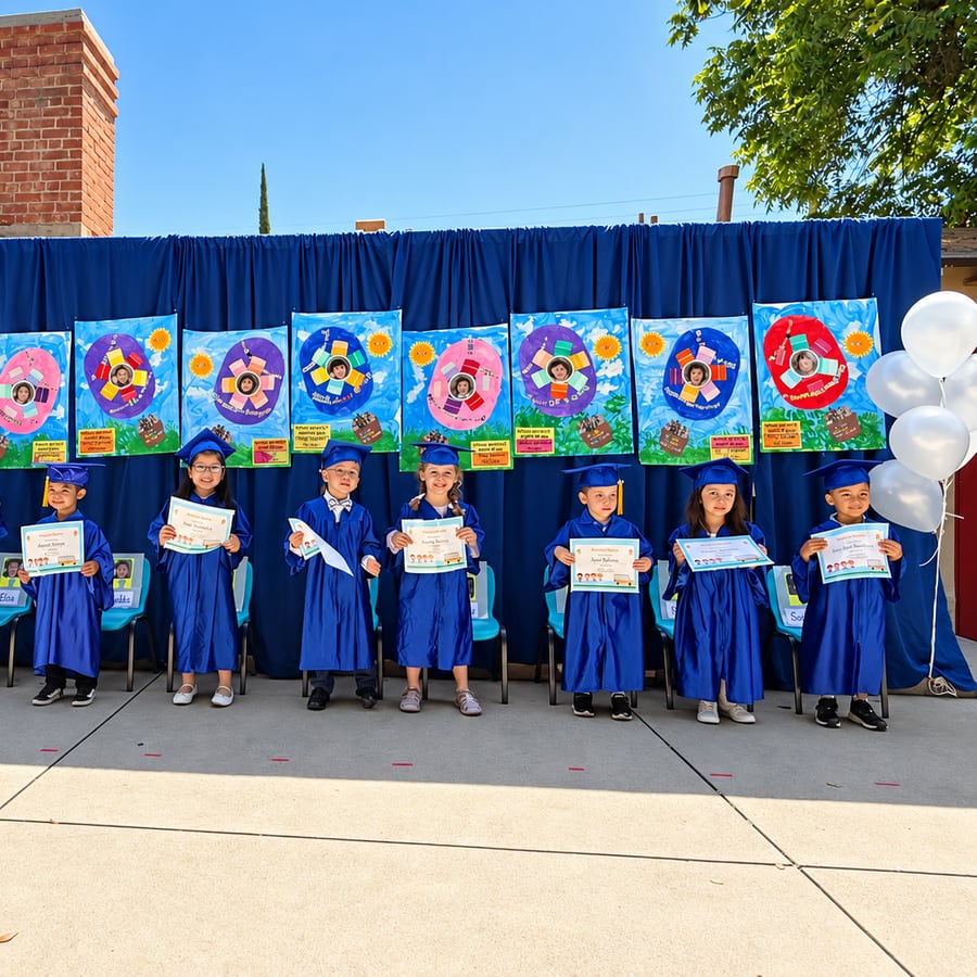 A class of preschool graduates in caps and gowns holding certificates
