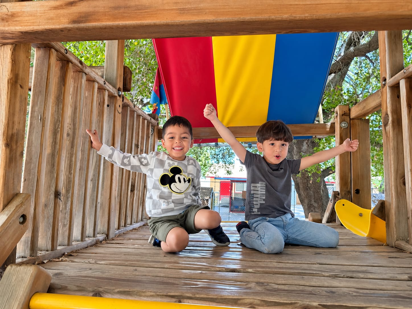 Two boys cheering under the play structure's colorful canopy