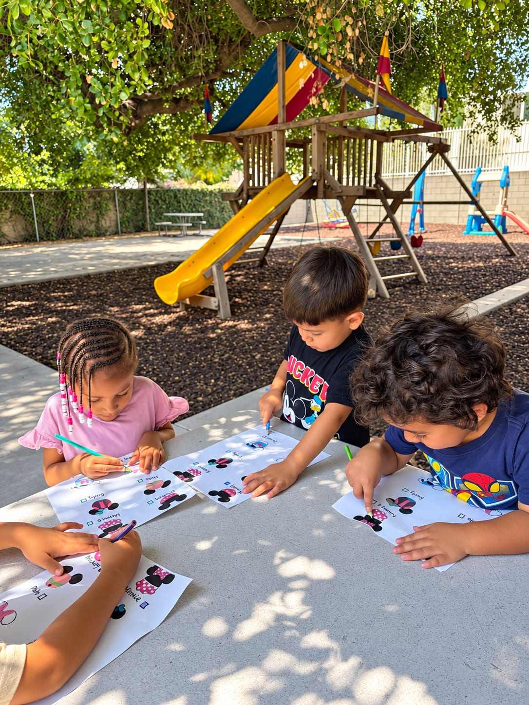 Children working on coloring worksheets together at a picnic table in the play yard