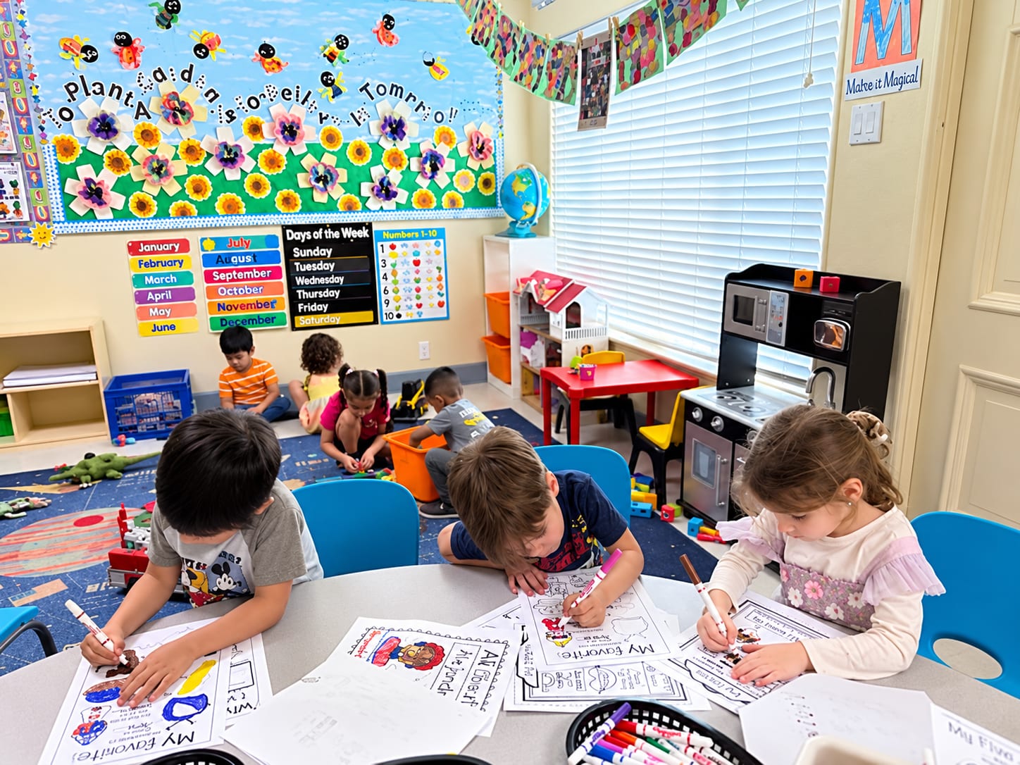 Three-year-olds at a table working on coloring worksheets