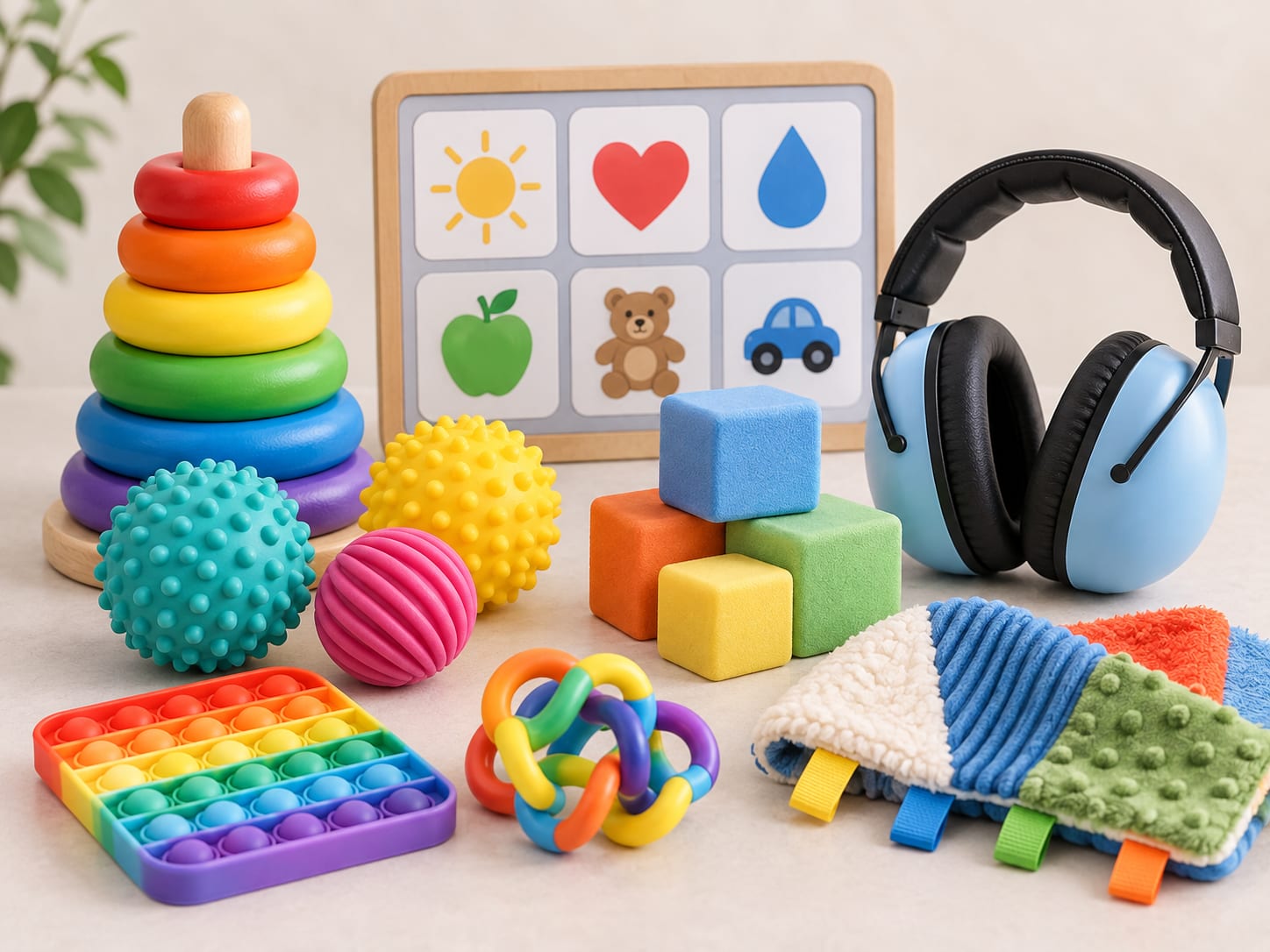 Assorted sensory and fine-motor toys: a stacking ring tower, textured sensory balls, a feelings/needs picture board, foam blocks, a fidget grid, noise-reducing headphones, and a sensory taggy blanket