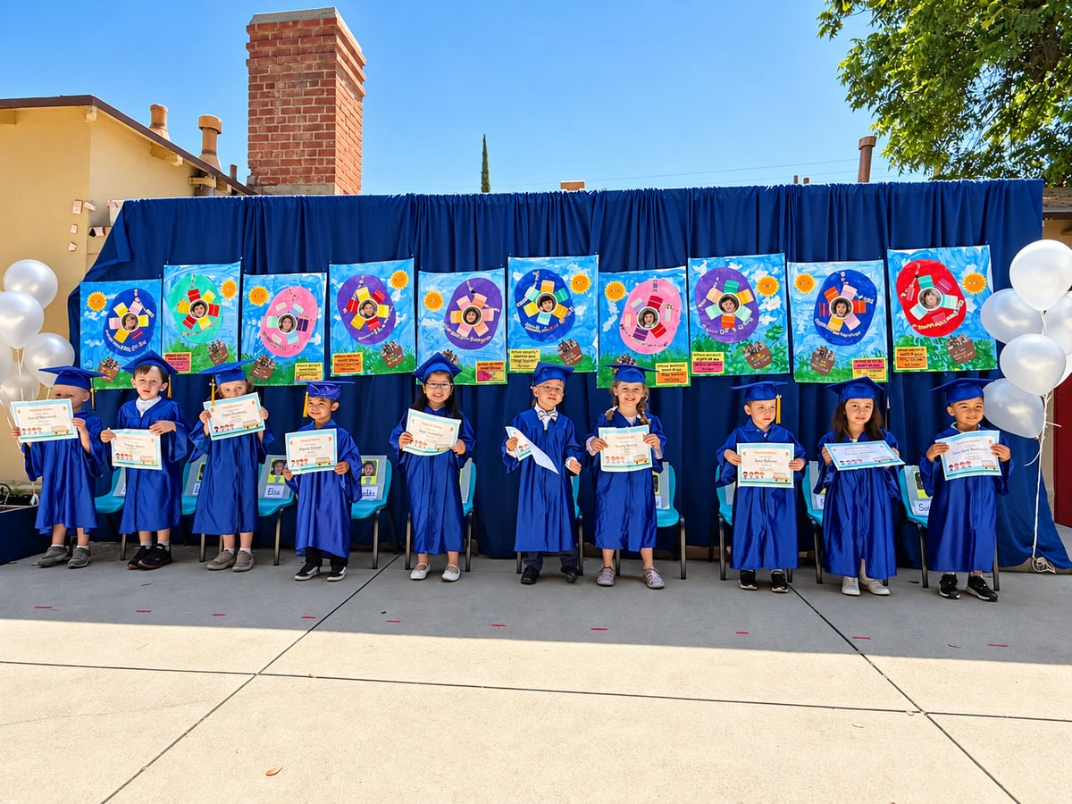 A class of preschool graduates in caps and gowns holding certificates