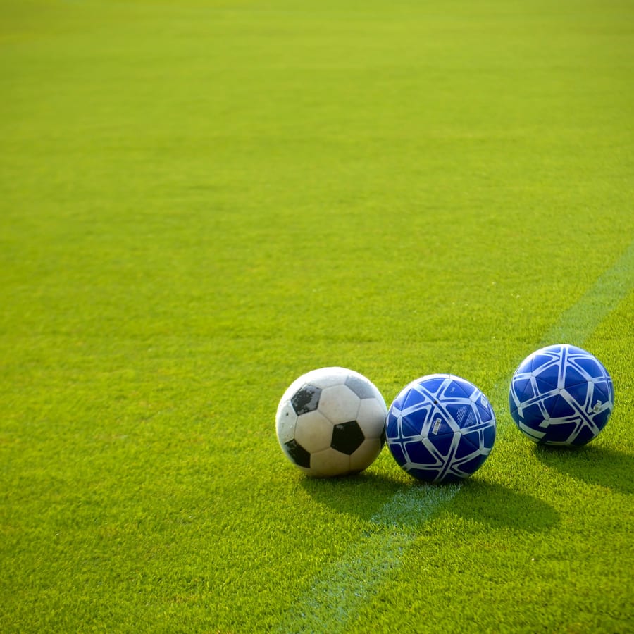 Soccer balls on a grass field, representative of soccer class